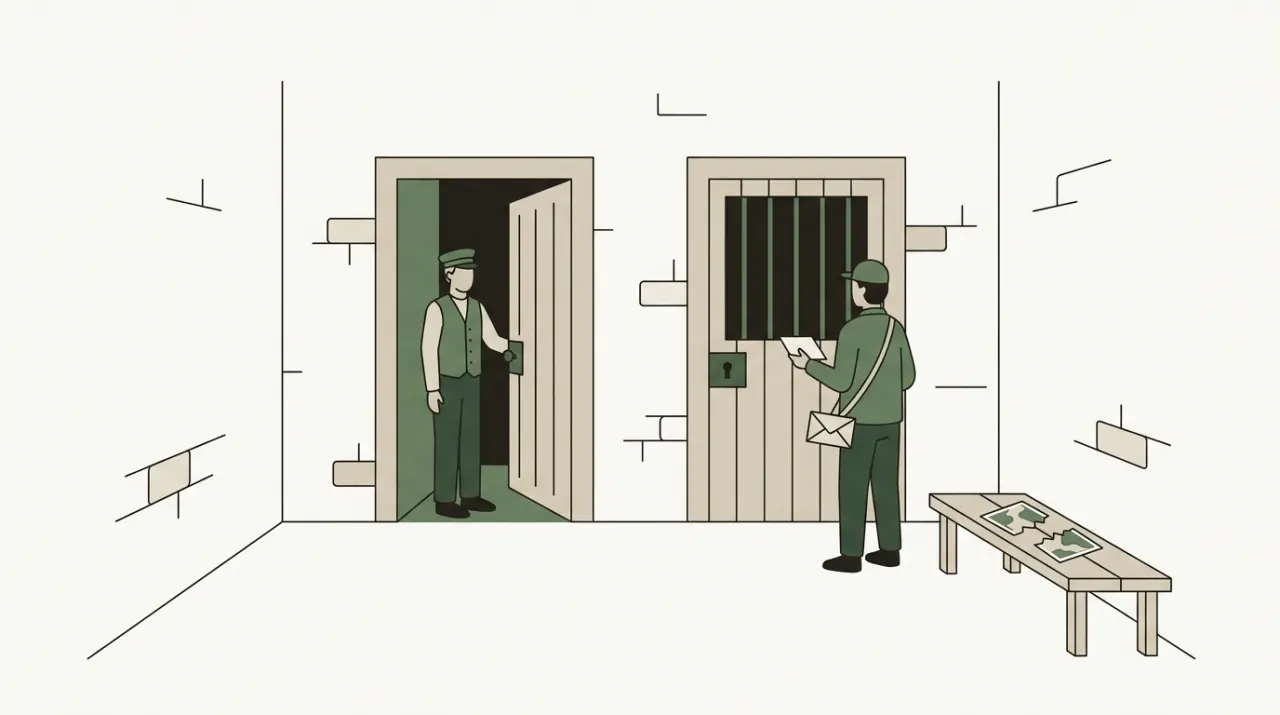 닮은 두 문 가운데 빗장이 걸린 쪽 앞에 봉투를 들고 선 배달부와 떨어져 놓인 지도 두 조각