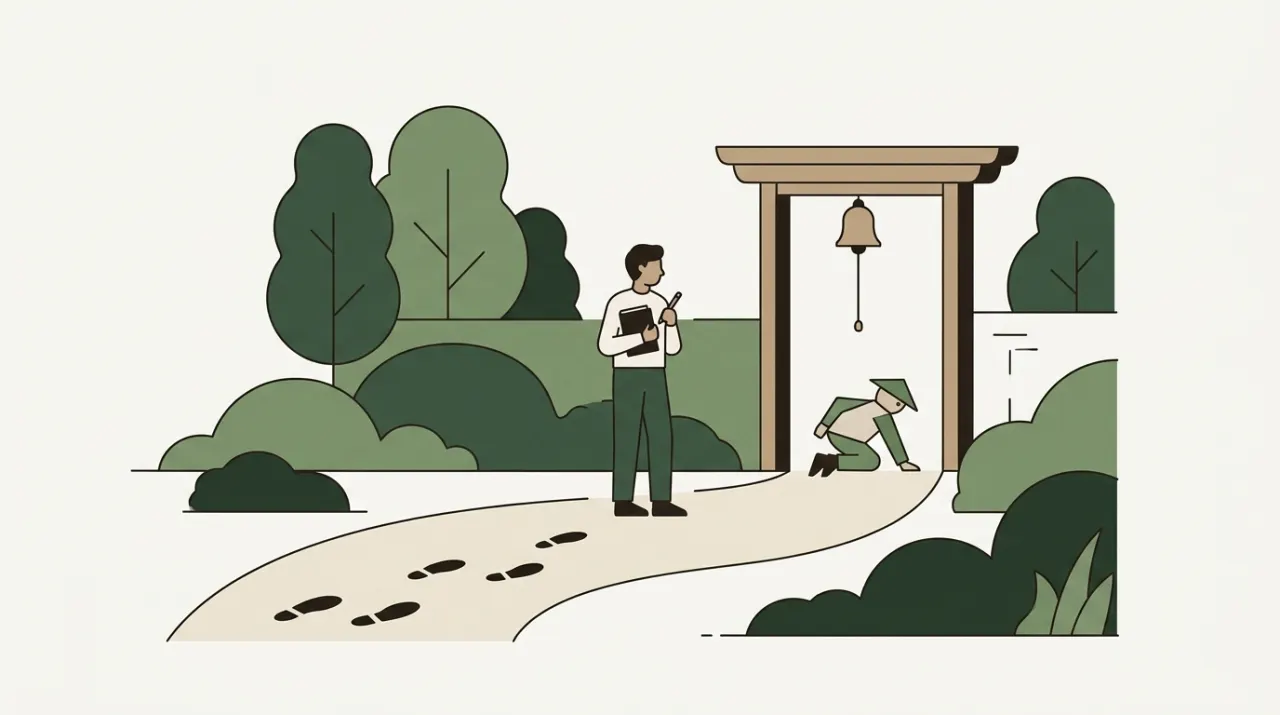 발자국이 모두 남는 모래길과 종 아래로 몰래 지나가는 방문객 사이에서 공책을 덮은 채 선 사람