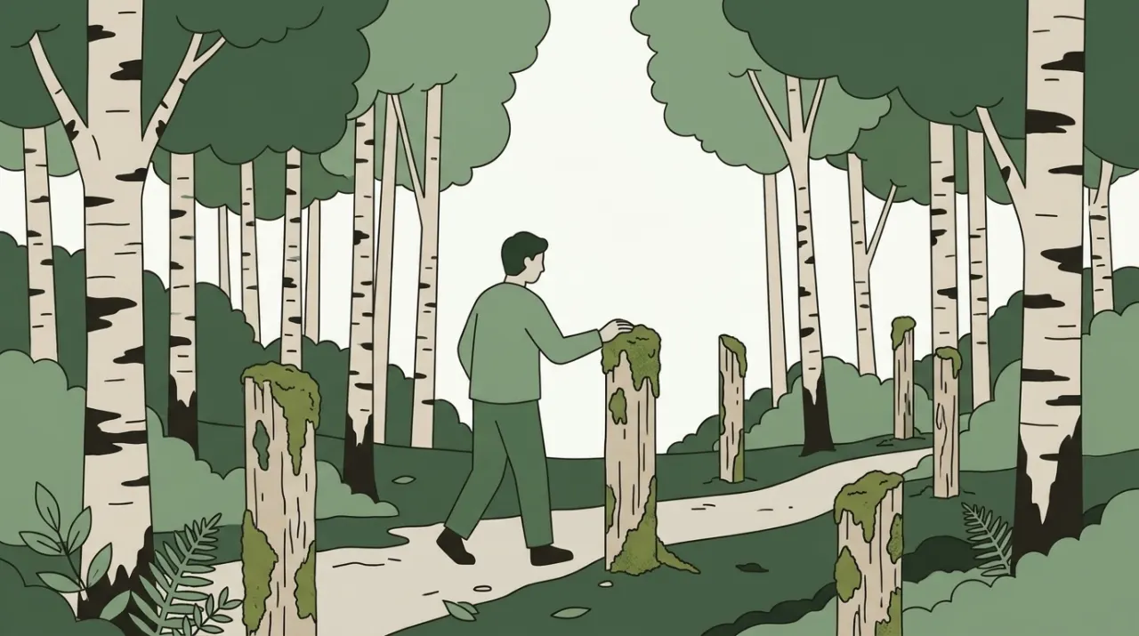 오래된 산책로 이정표 몇 개를 하나씩 손으로 짚어보며 걷는 사람과 이끼 낀 표지 기둥들