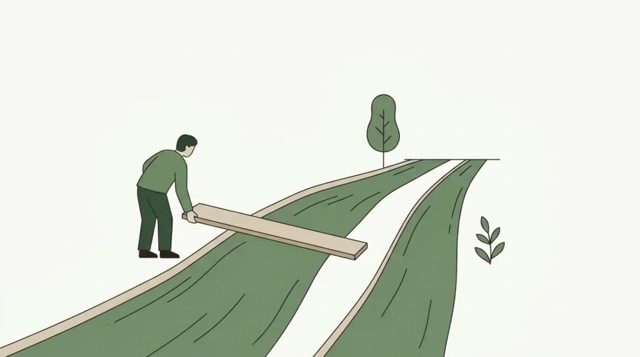 폭이 다른 두 개울을 한 장의 판자로 건너려다 판자 길이를 재 보는 사람