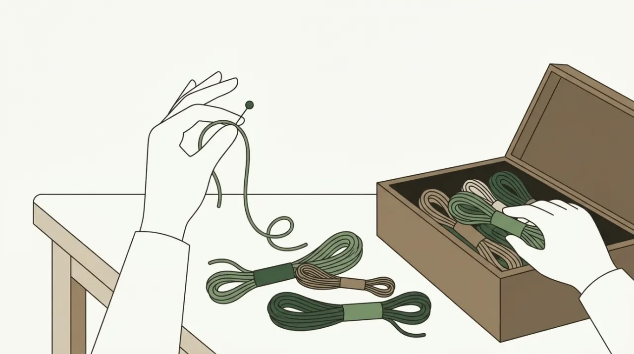여러 갈래 실타래 중 한 가닥만 골라 표식 핀을 꽂고 나머지는 상자에 정리하는 손