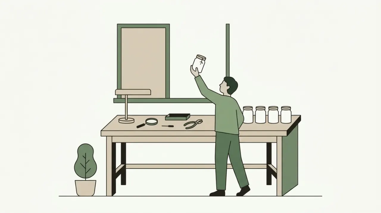 작업대에서 병 하나를 불빛에 비춰 뚜껑의 작은 금을 살피는 사람 옆에 같은 병들이 줄지어 선 모습