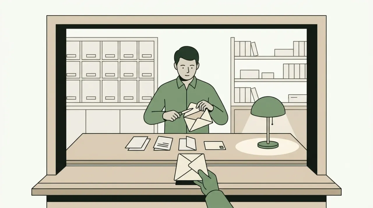 창구 너머로 건네받은 봉투를 열어 내용물을 하나씩 책상 위에 꺼내 놓는 우체국 직원