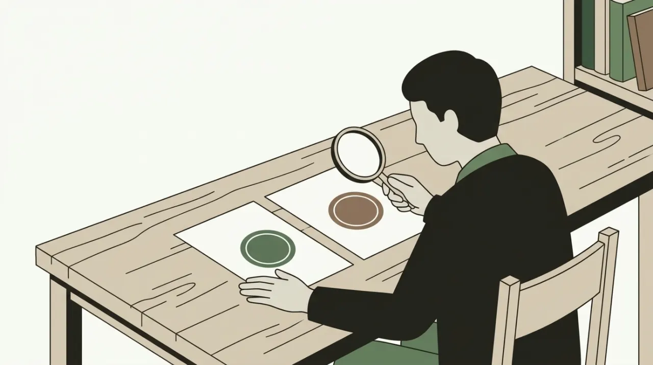 같은 서류 두 장에 찍힌 날짜 도장 중 하나는 접수인의 것, 하나는 결재인의 것임을 돋보기로 비교하는 사람