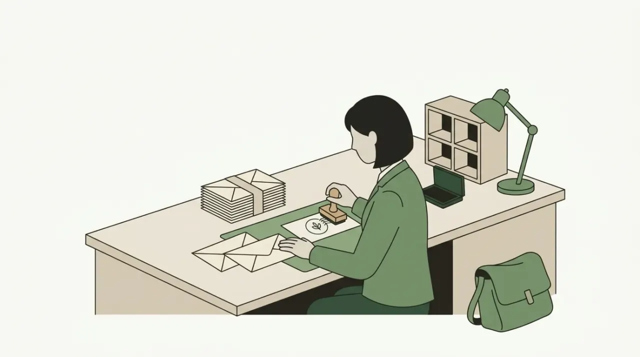 우체국 창구에서 같은 편지 묶음의 소인만 새 도장으로 다시 찍히는 장면