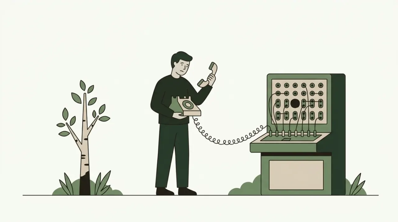 전화선은 이어 놓았는데 교환대에 번호가 등록되지 않아 신호음만 짧게 끊기는 수화기를 든 사람