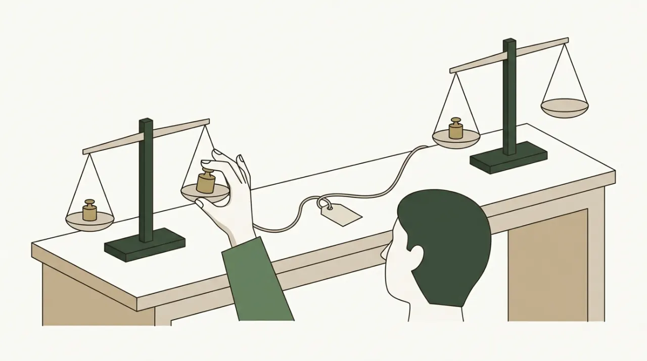 느슨한 끈과 빈 꼬리표로만 이어진 두 저울에서 같은 추를 들어 올리는 손