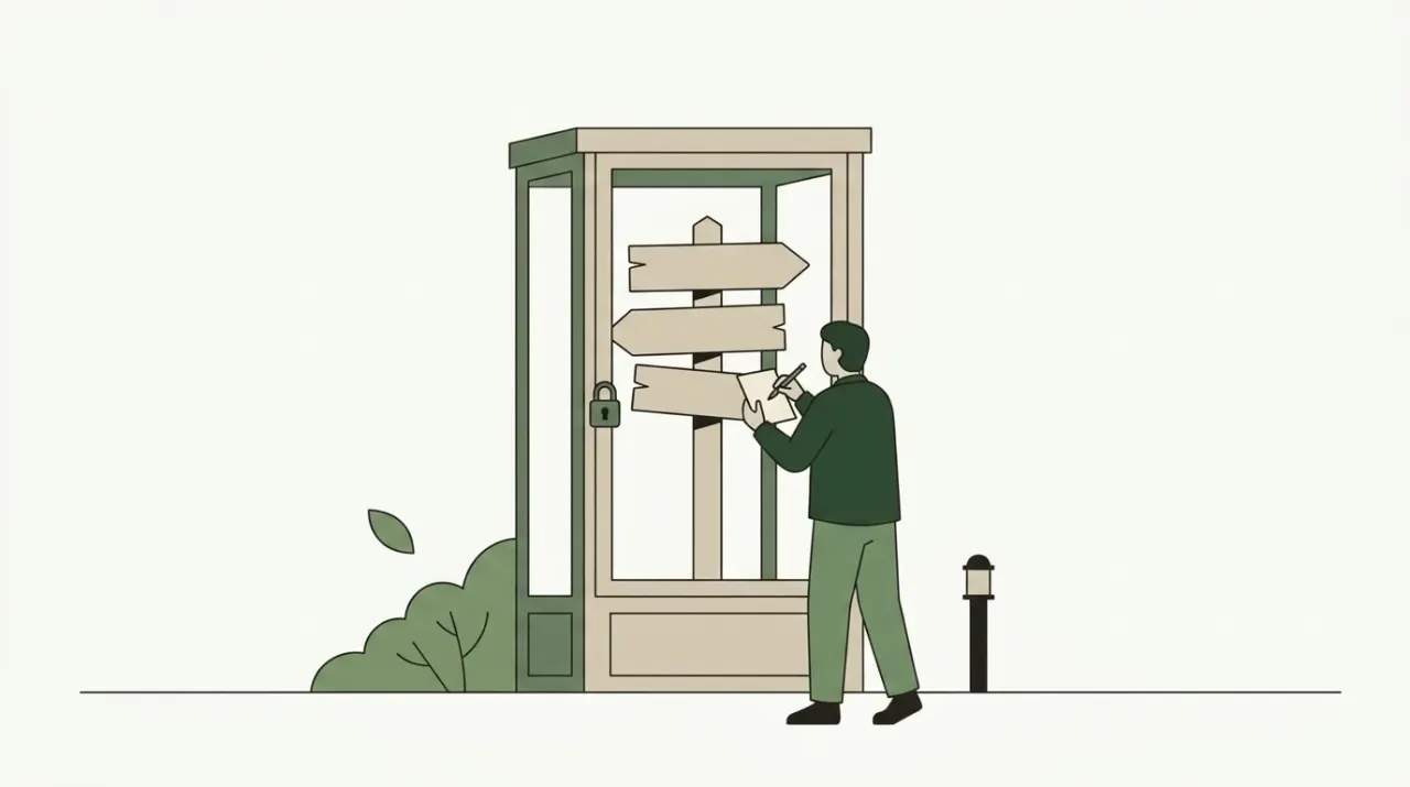 잠긴 유리 진열장 안의 길 안내 표지판을 밖에서 바라보며 그 모양을 공책에 그려 두는 사람