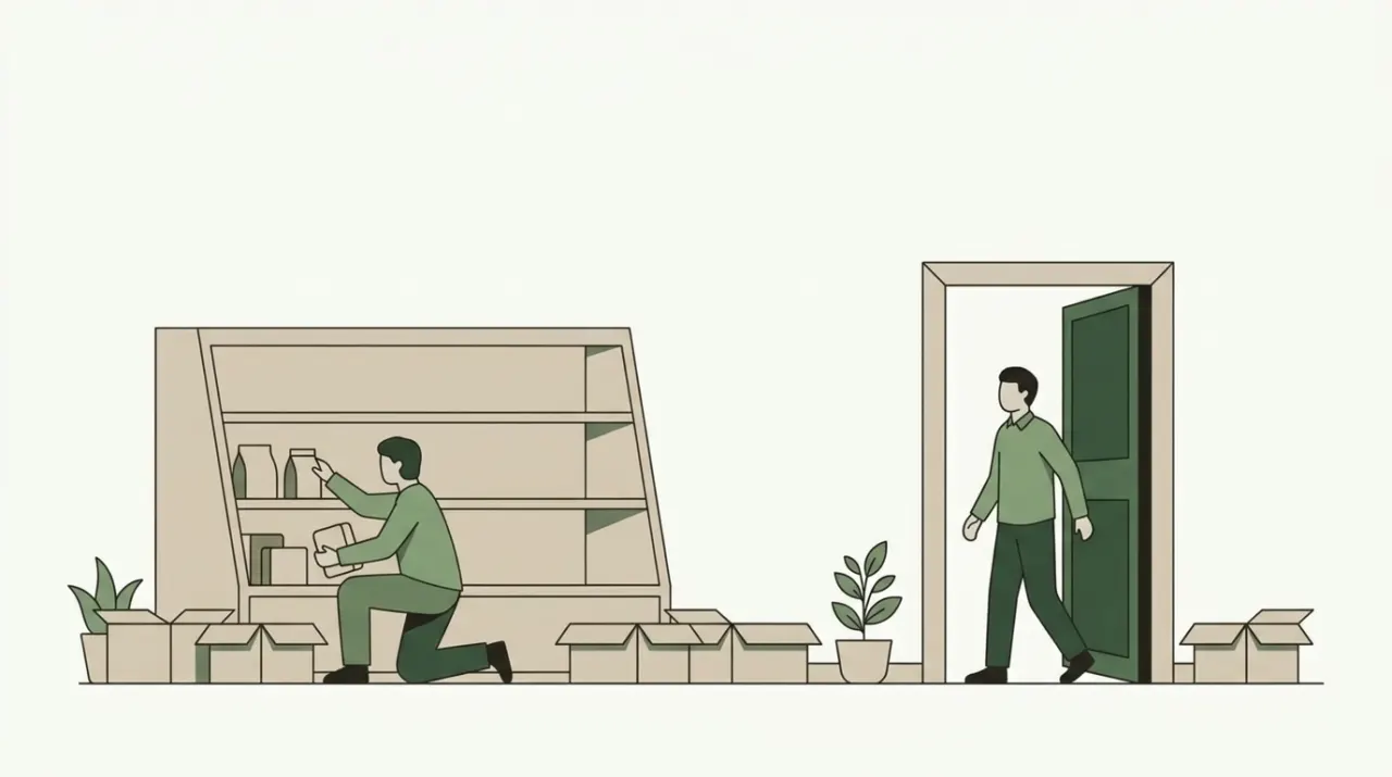 빈 가게 진열대에 상자에서 꺼낸 물건을 빠르게 다시 채우고 문 앞 손님을 맞는 점원